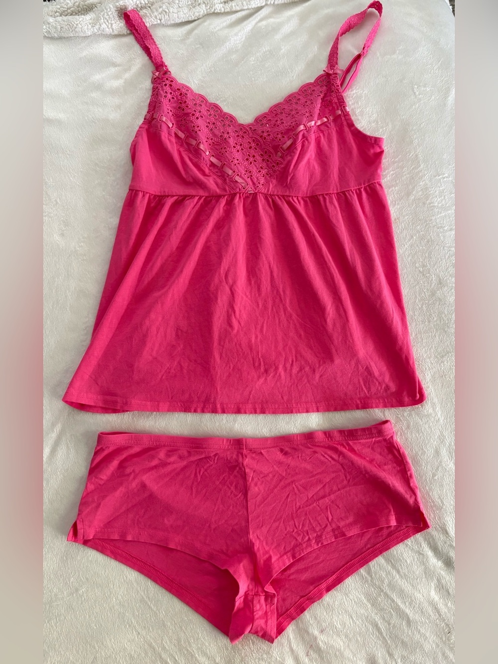 Victoria's Secret Bright Pink Lace-Trim Sleep Cami & Boyshorts